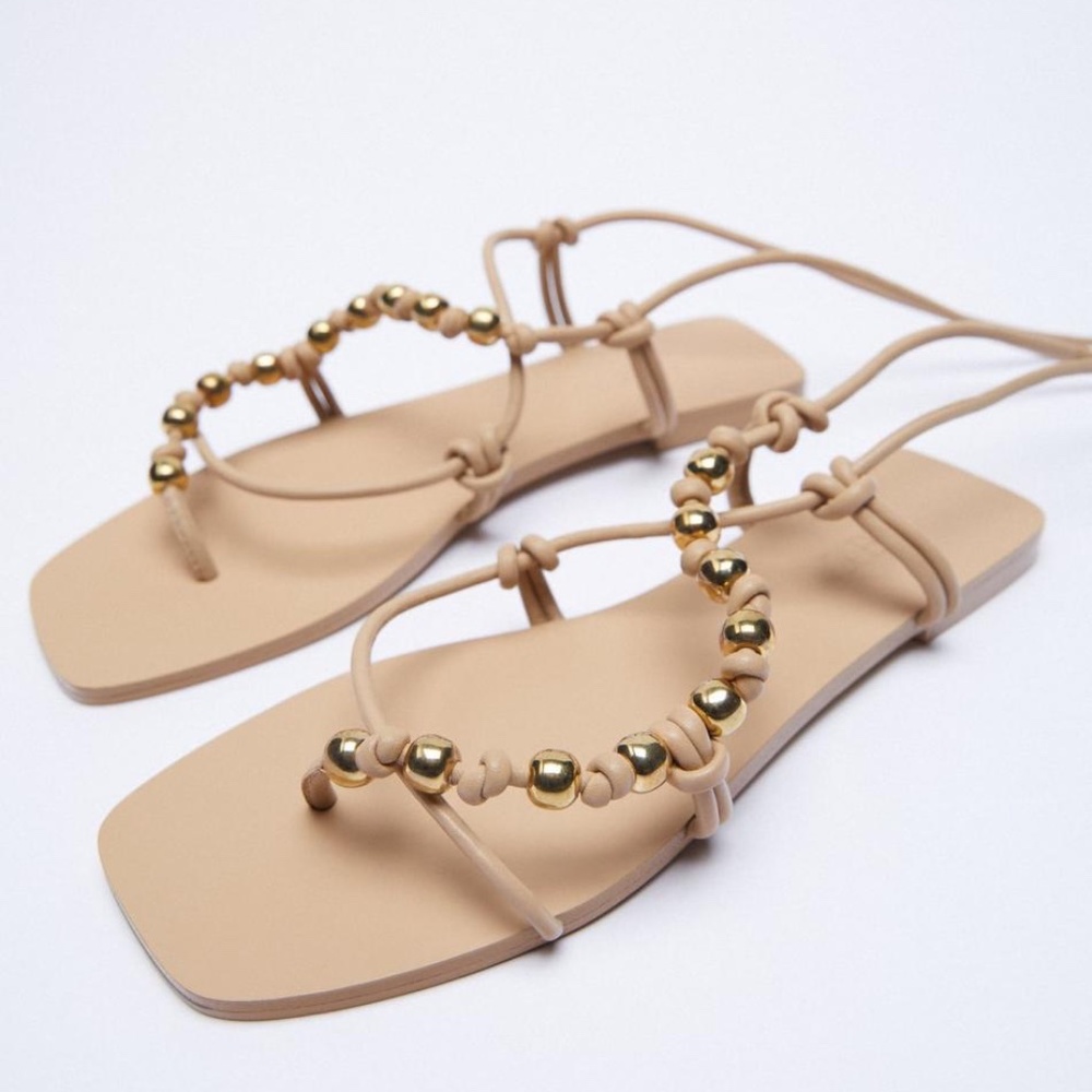 Womens Zara Strappy Low Heel Leather Sandals Beige